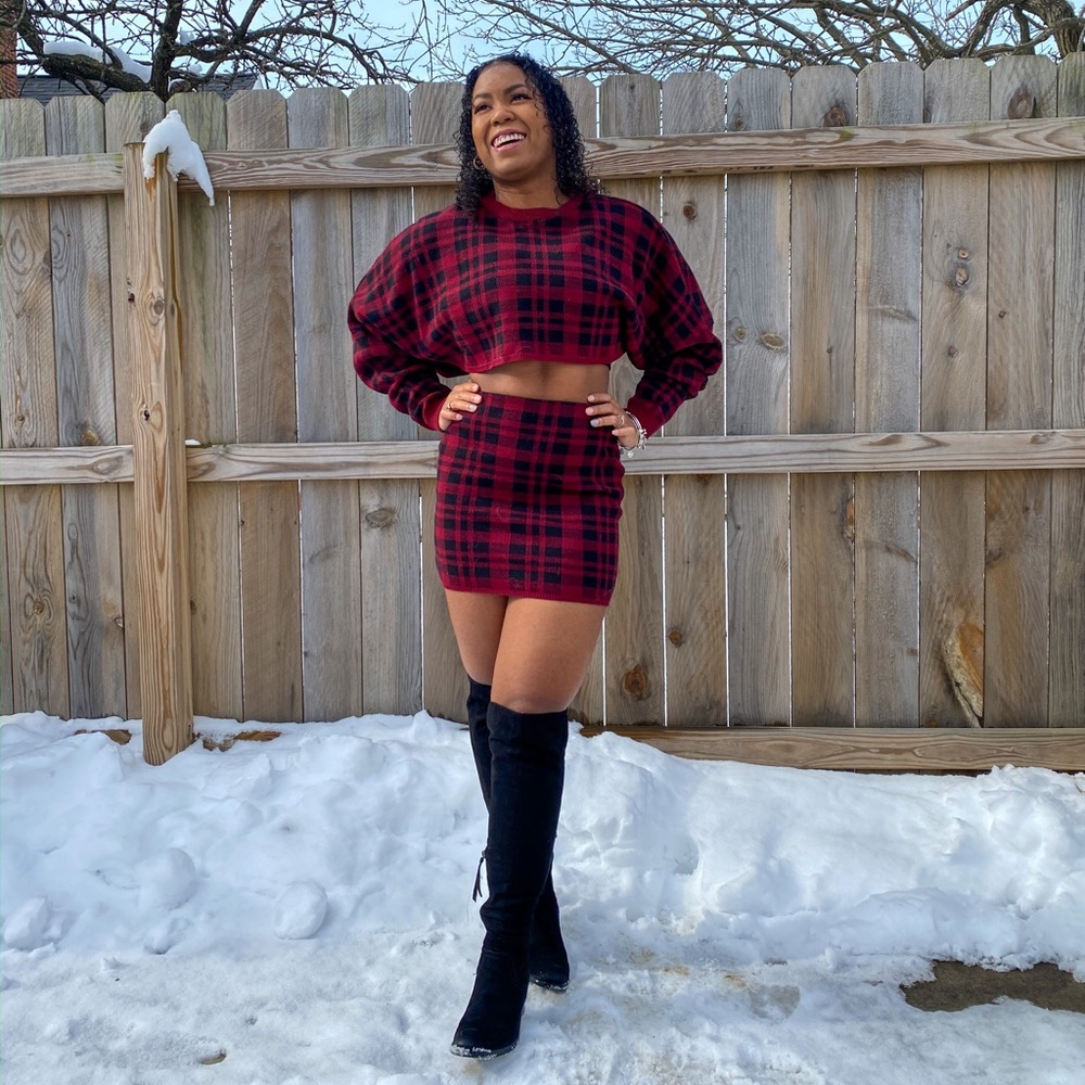 Lasula Sexy Red Plaid 2 Piece Skirt Crop Top Set